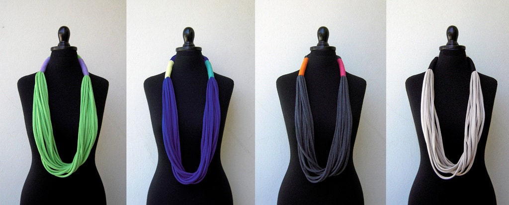 The tribal necklace - handmade in purple and lime green jersey fabric