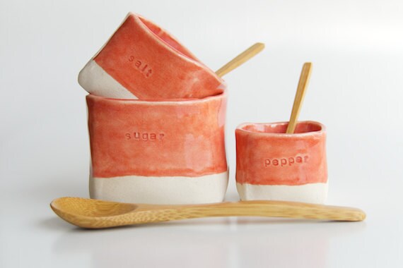 Ceramic Cellars in Coral- Salt, Pepper, and Sugar