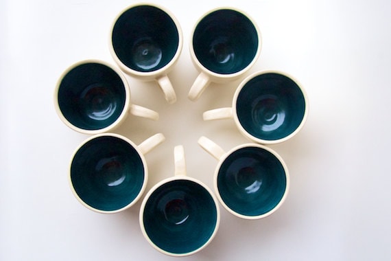 Ceramic Mug, Black Birds in Teal- Swallow design pottery by RossLab (made to order)