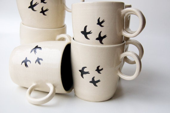 Ceramic Mug, Black Birds in Teal- Swallow design pottery by RossLab (made to order)