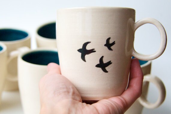 Ceramic Mug, Black Birds in Teal- Swallow design pottery by RossLab (made to order)