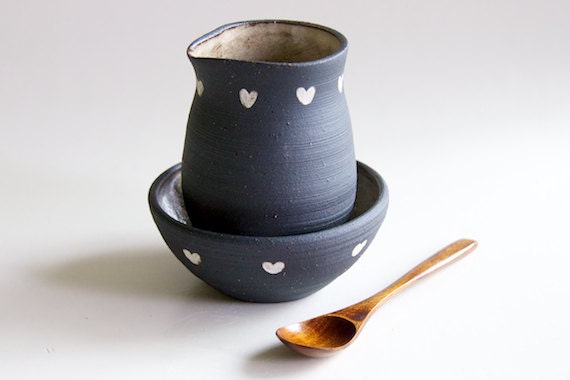 Black and White Creamer and Sugar Bowl- Hearts (made to order)