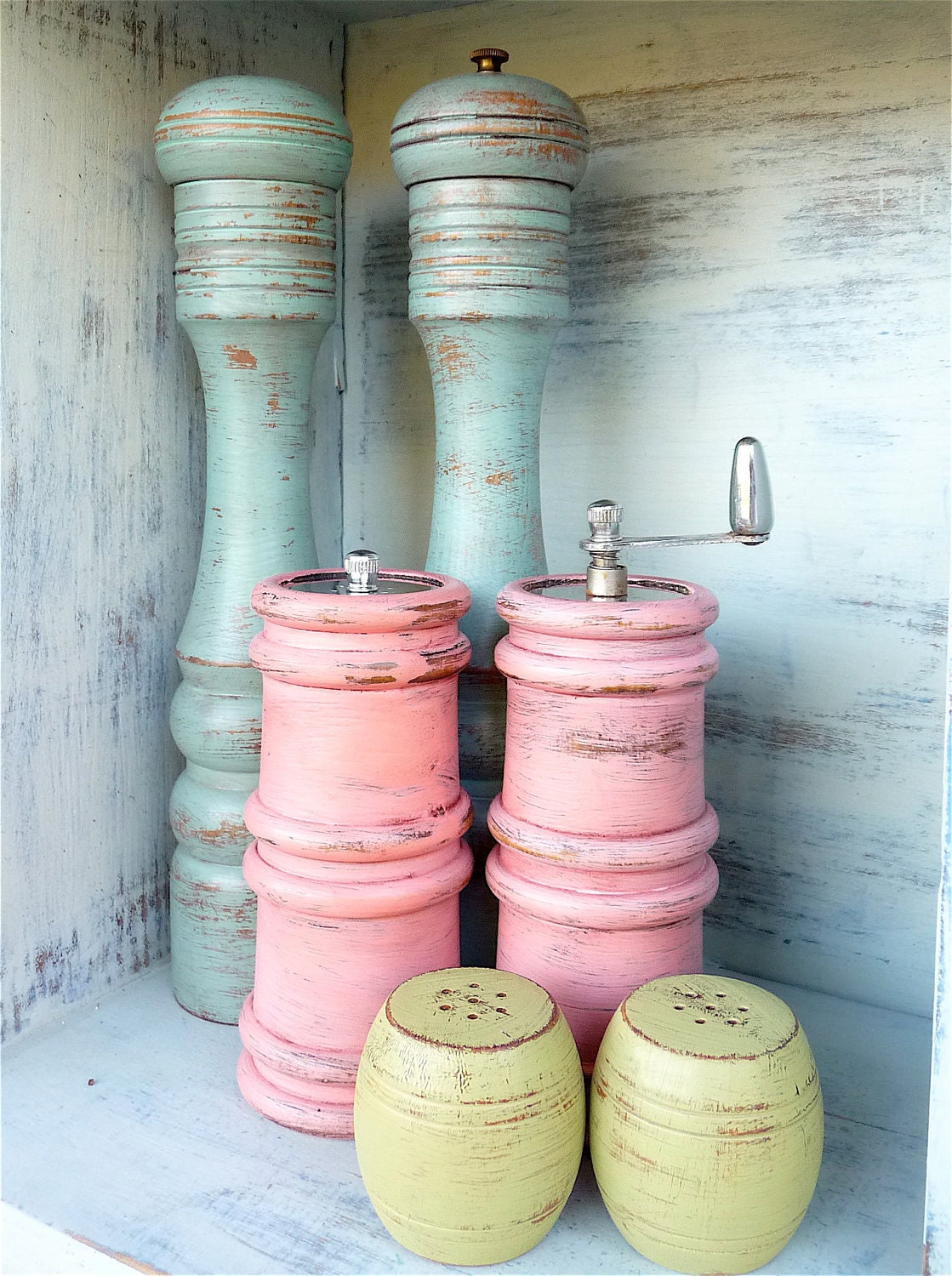 Colorful Shabby Chic Salt and Pepper Shakers, GREEN