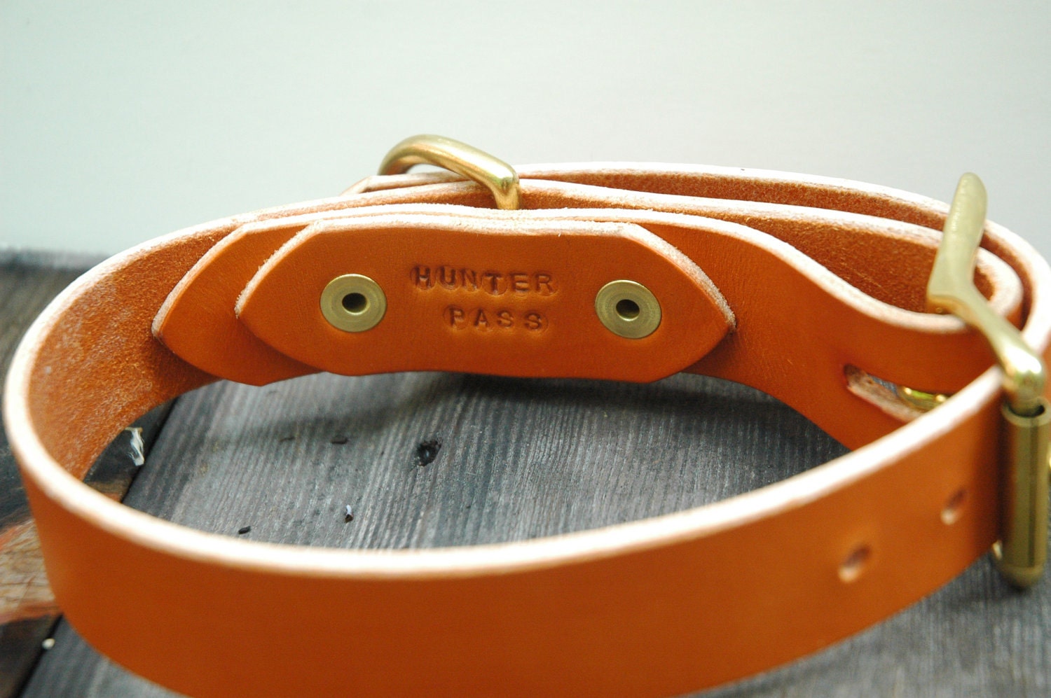 Custom heavy duty leather dog collar in saddle tan