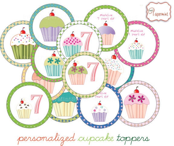 Cupcake Party Topper - Pink Purple Green - Customizable - Digital Printable Circles