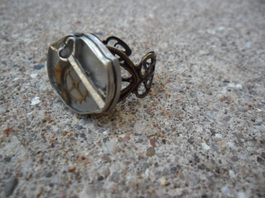 Silver Watch Key Steampunk Ring Adjustable Ornate Brass Ring