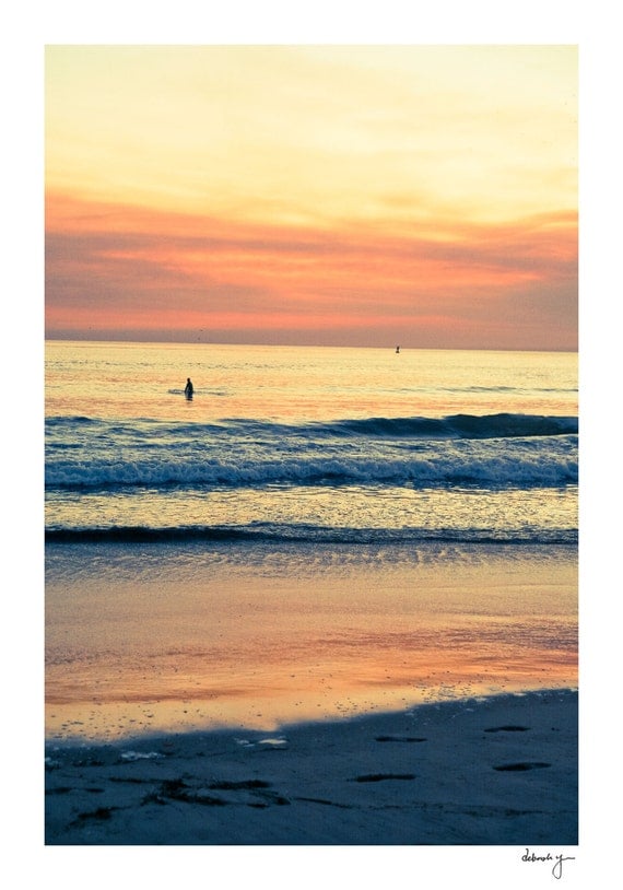Santa Monica Sunset Photo - California - Ocean Photo - Pink Sky, Blue Surf, Beach, Waves, Golden Light, Fine Art Photography, Orange Skies