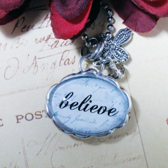 Believe With Dream Inspire Believe On Reverse Side Small Double Oval Bubble Necklace/Charm/Pendant