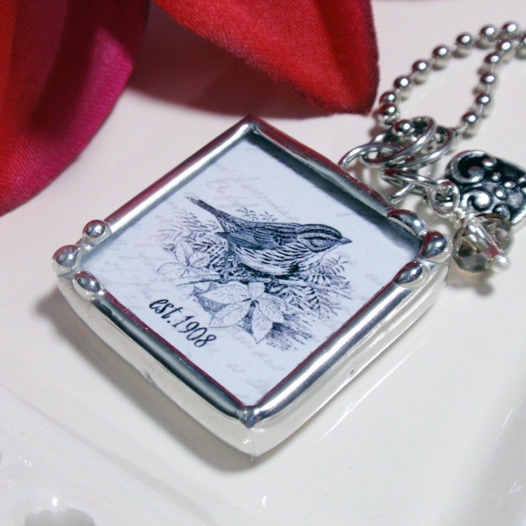 Vintage Black And White Bird Collage- Follow Your Heart Silver Soldered Charm Necklace