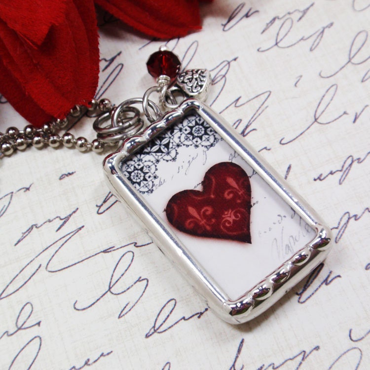 Maroon Fleur-De-Lis Heart Black Lace Design Script Initial Collage Silver Soldered Charm Necklace
