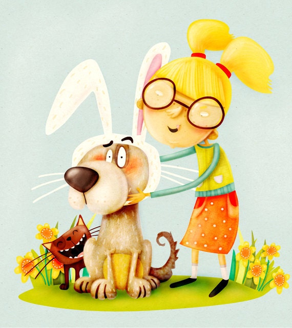 illustration for kids, art print, original wall deco for nursery room, digital - Little girl playing with dog