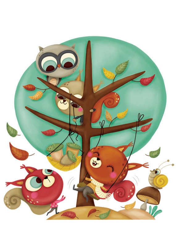 illustration for children, art print, original wall deco for nursery room, digital - Squirrels playing on the tree