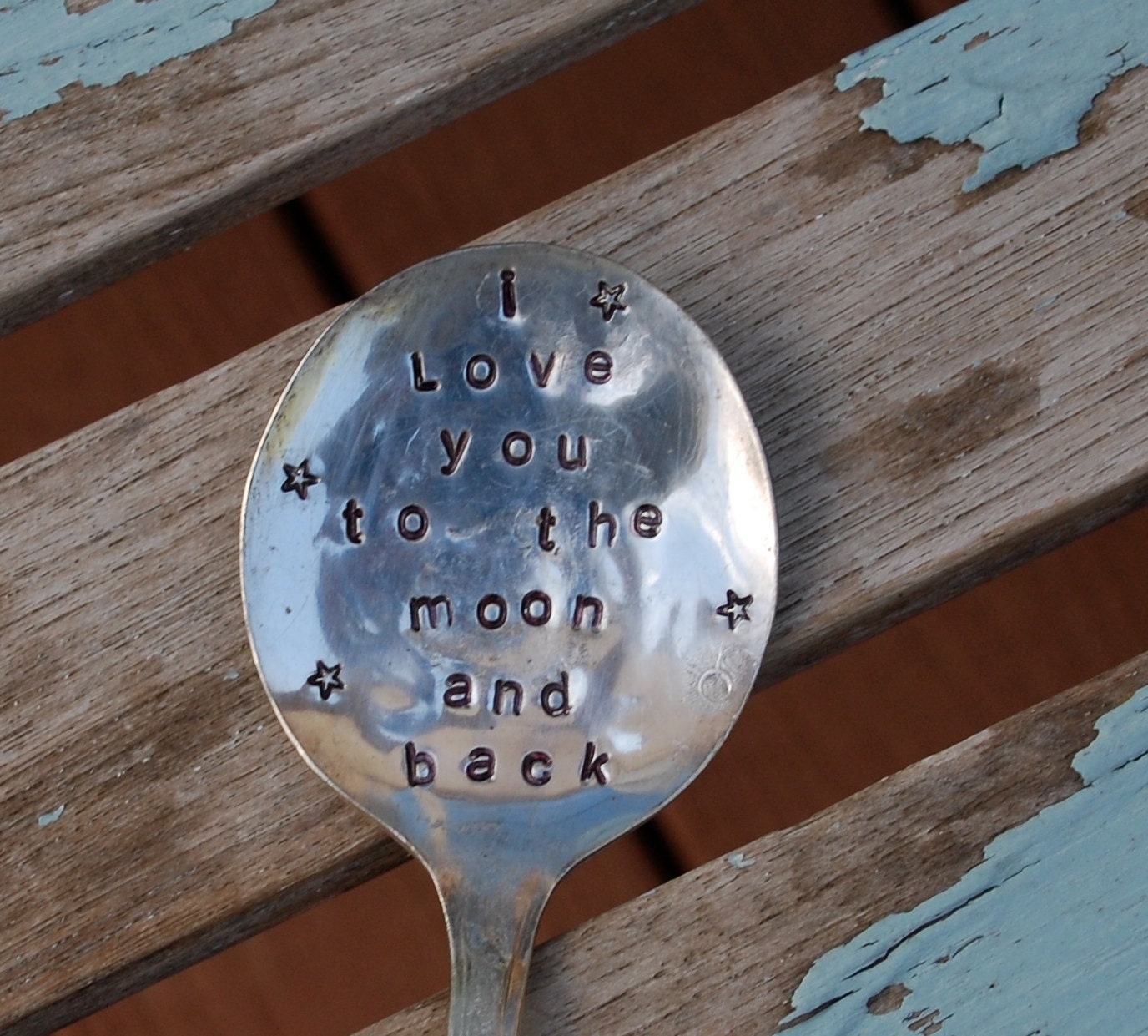 I love you to the moon and back Hand Stamped Spoon with STARS (great for house plants or flower pots)