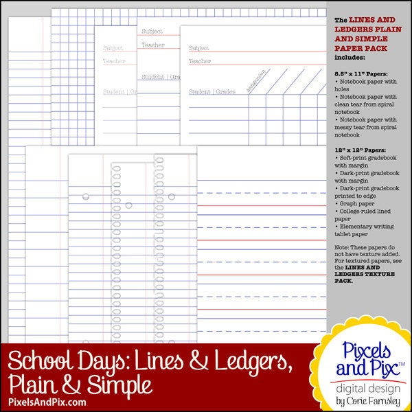 School Days Digital Scrapbooking Kit: Lines and Ledgers Plain and Simple Paper Pack
