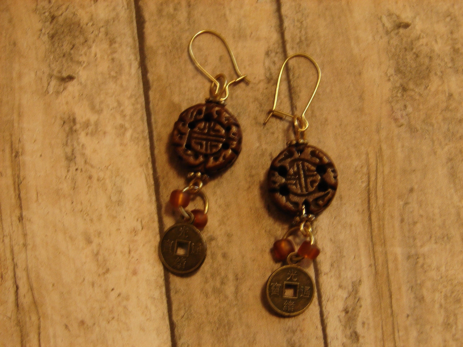 Pierced Earrings Chinese Coin Minis and Carved Wooden Disks
