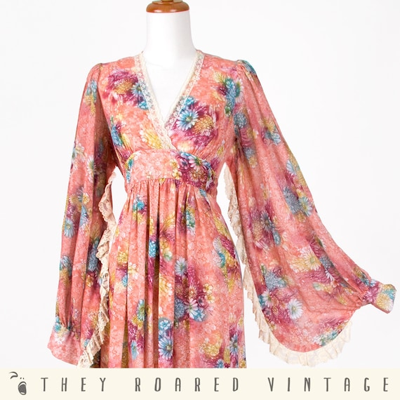 60s Maxi Dress Pink Angel Sleeve Vintage Floral Print Hippie Medium