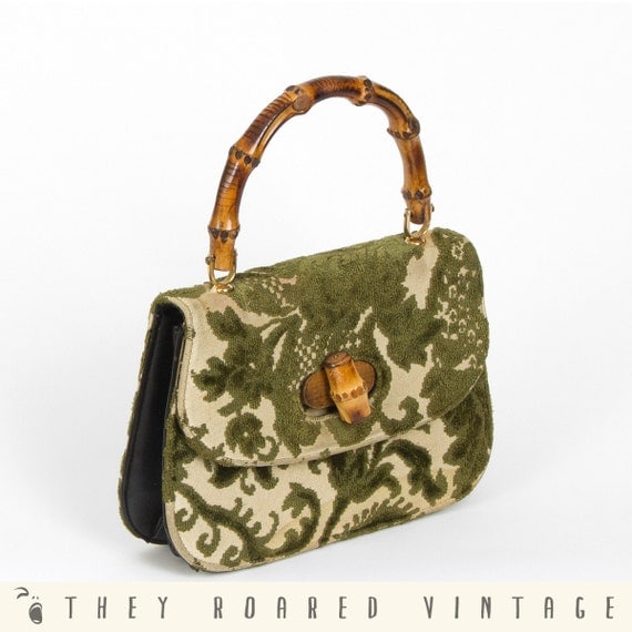 50s Vintage Purse Bag Tapestry Green Cream Wooden Handle