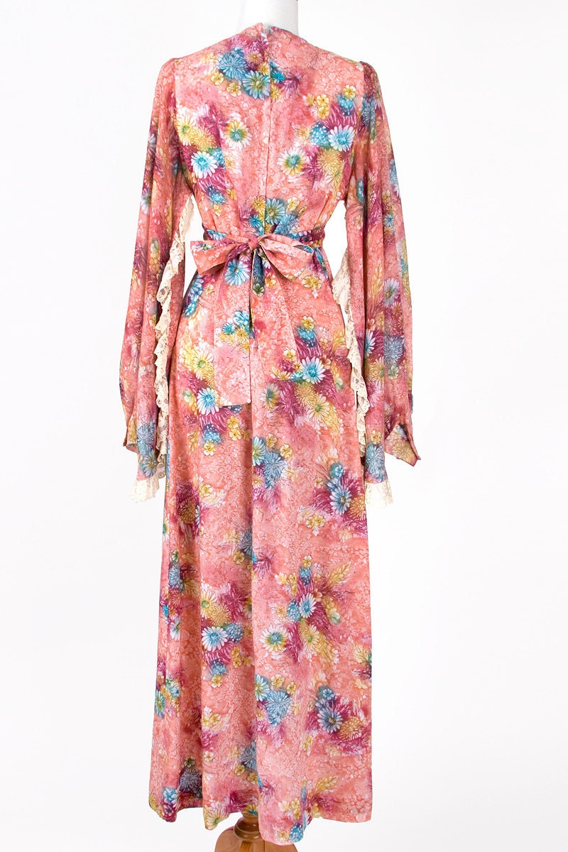 60s Maxi Dress Pink Angel Sleeve Vintage Floral Print Hippie Medium