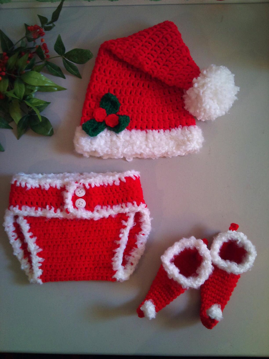 Baby Santa Hat, Diaper Cover, Elf Booties Set - Holly Santa Baby Preemie Child Boy Girl Christmas Holiday Thanksgiving Winter Outfit