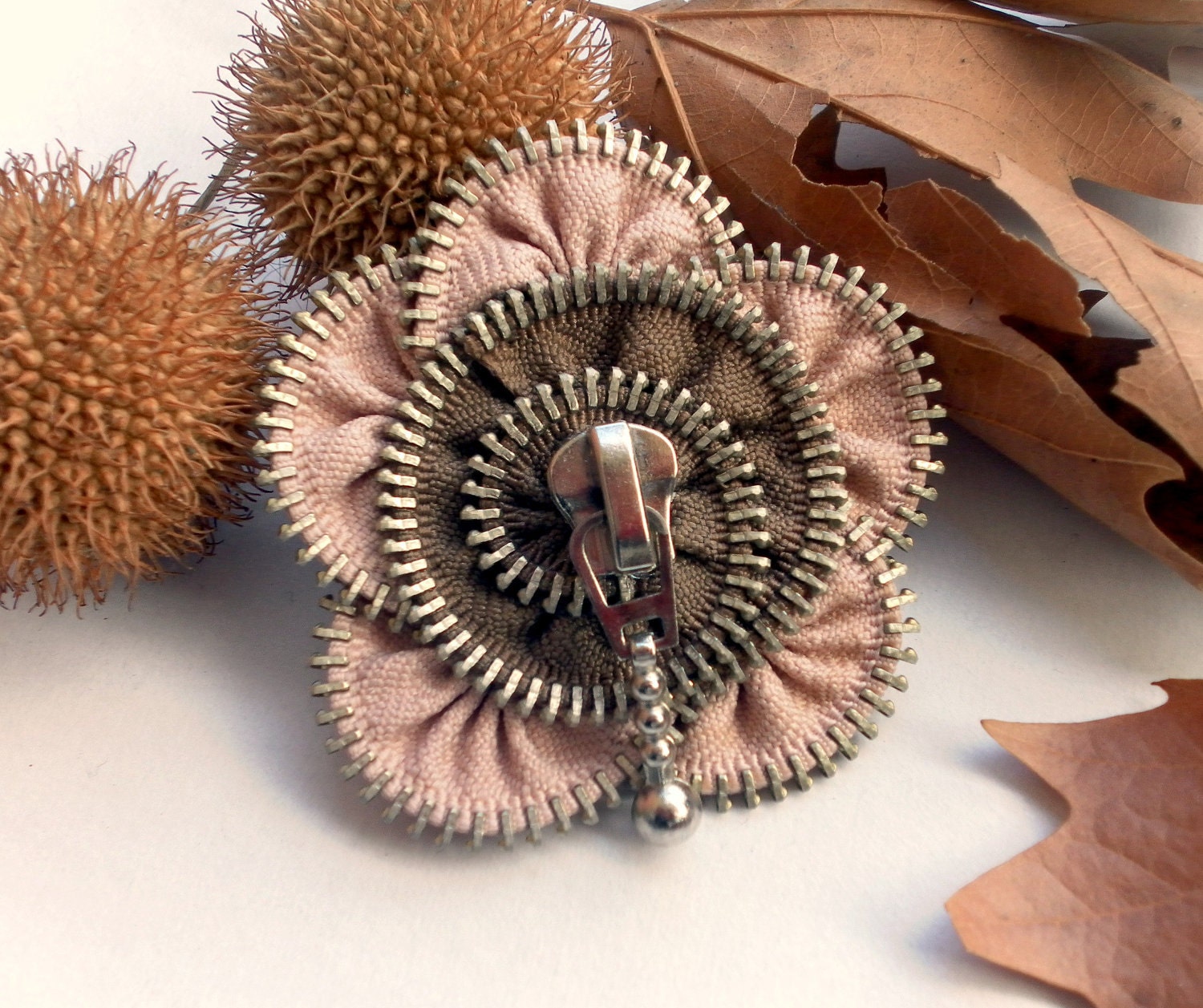 Flower Brooch , Apricot and French brown,Zipper Pin. Approx 2,6 in/7 cm.- eco friendly,Recycle jewelry HELP FOR ANI listing
