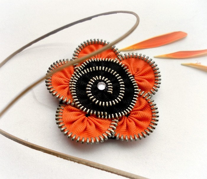 Flower Brooch orange and black , combination color.Zipper Pin. 2.8 in/ 7 cm-eco friendly,recycled jewelry