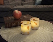 Set of Two Autumn Leaves 2.5 inch Votive Candle Holder Polymer Clay on Glass