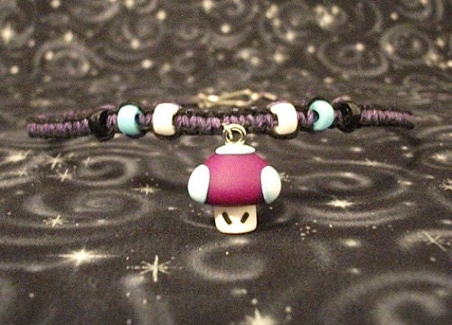 Black and Purple Hemp Necklace with Polymer Clay Mario Poison Mushroom and Accent Beads