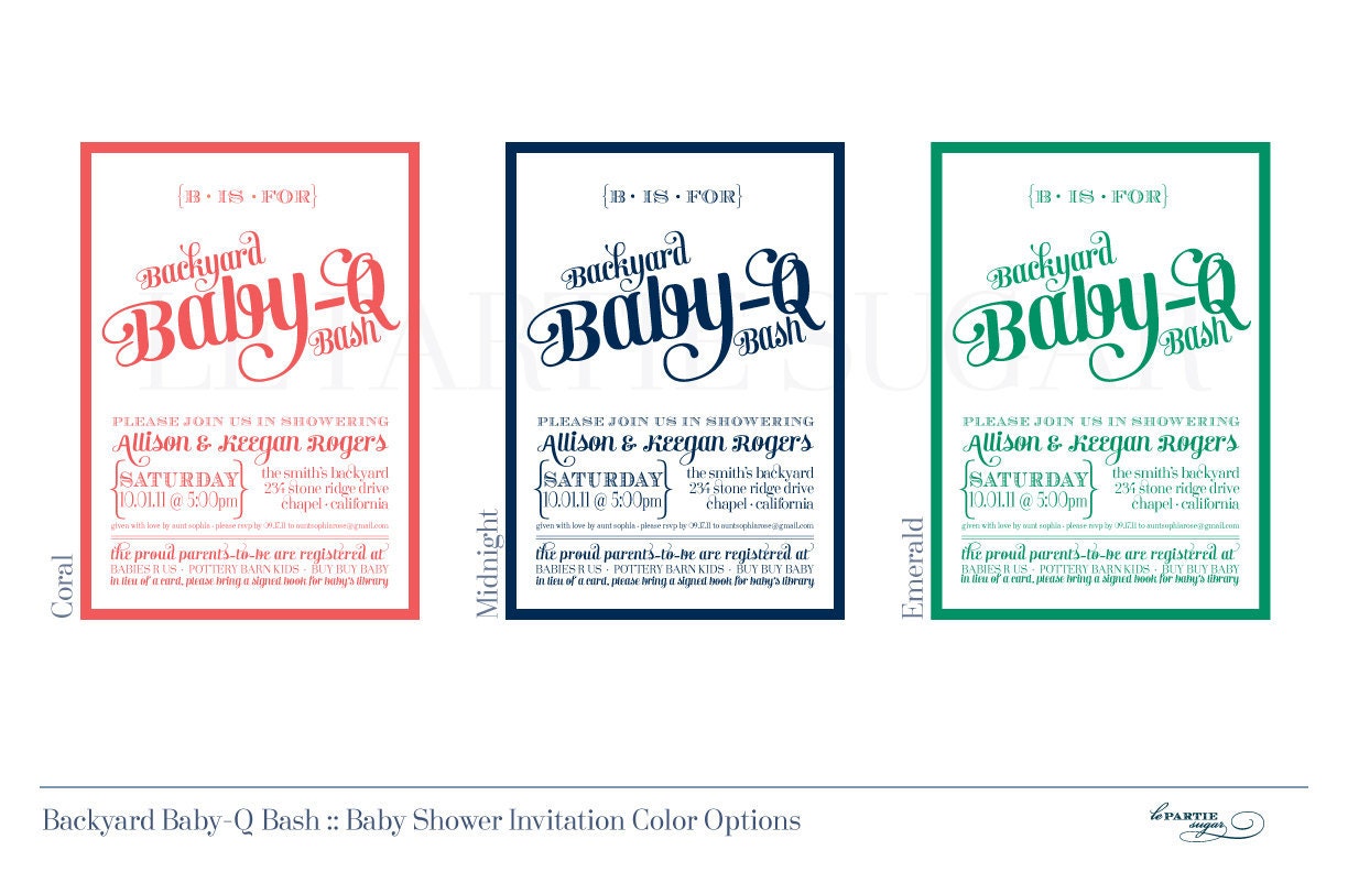 Backyard Baby-Q Bash Shower Invitations - Available in Blue, Green and Coral - PRINTABLE