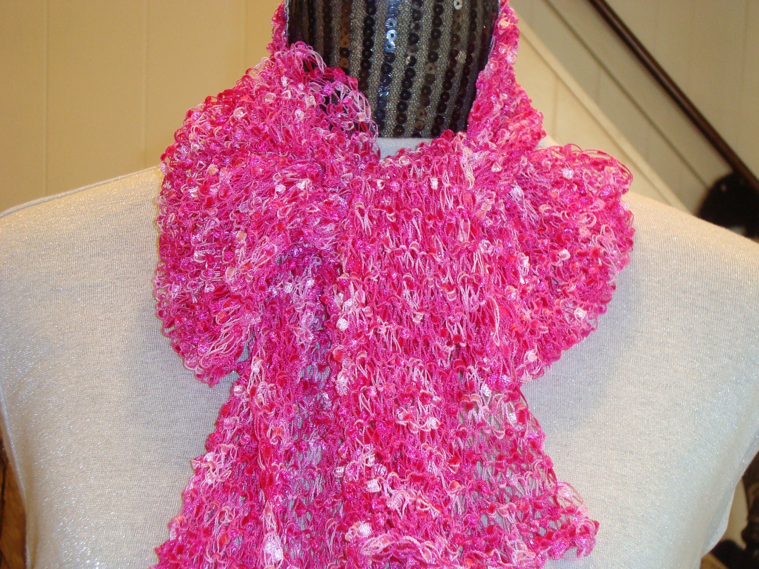 Knit Scarf  Pink. Ribbon.Ladder.Spring/Summer.Stained  Glass.Light.Dressy.Ready to ship.