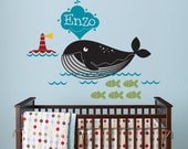 Whale, Lighthouse, Fish and Custom Name Nursery Vinyl Wall Decal for Kids, Childrens Room