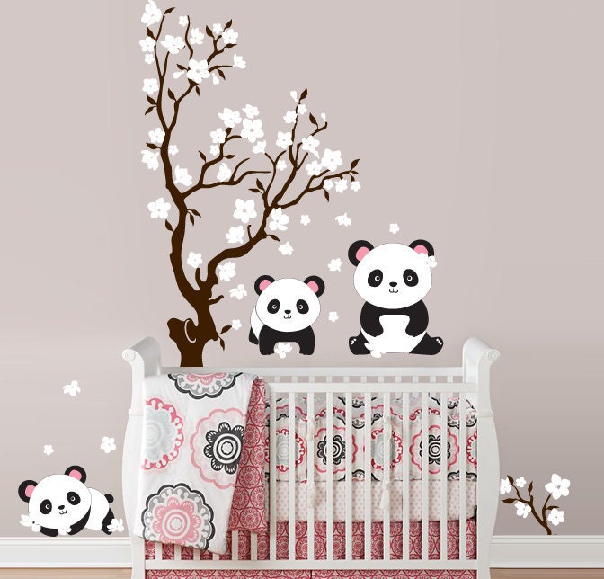 Pandas and Cherry Blossom Tree, Panda Decal, Panda Vinyl Wall Decal for Nursery, Kids, Childrens Room