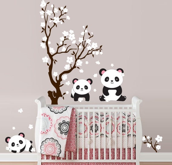 Pandas and Cherry Blossom Tree, Panda Decal, Panda Vinyl Wall Decal for Nursery, Kids, Childrens Room