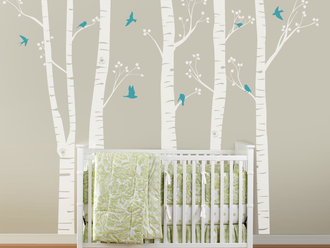 Birch Tree Decal with Flying Birds, Birch trees, Birch forest, Birch Trees Wall Vinyl for Nursery, Living Room, Kids or Childrens Room