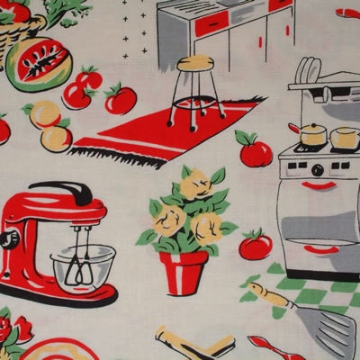 Michael Miller Fabric- Fifties Kitchen- Retro 50's Kitchen Appliances on Cream- Novelty Fabric