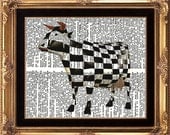 COW - Vintage Dictionary Page Print Beautiful Black and White Plaid Cow Modern Contemporary Whimsical Picture to Frame