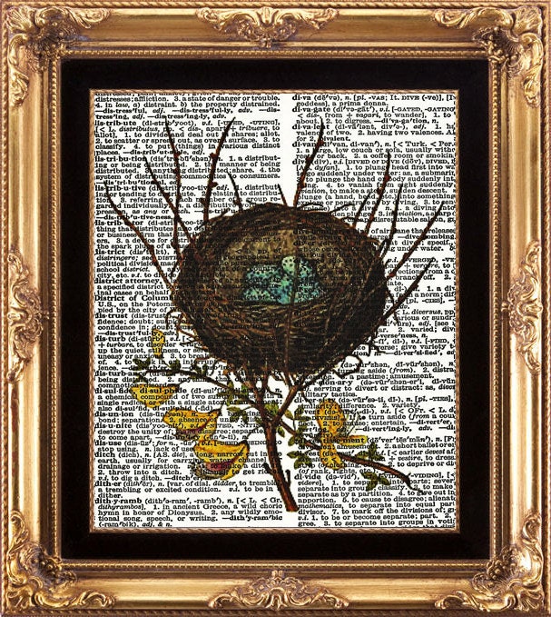 EGGS NEST - Vintage Bird Print printed on Vintage Dictionary Page Plate Beautiful Antique Bird Eggs Flowers Tree Nature Print to Frame