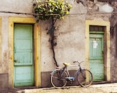 Vintage Bicycle, Old Bike, France, Aqua Yellow Doors, Rustic, Europe  8x10