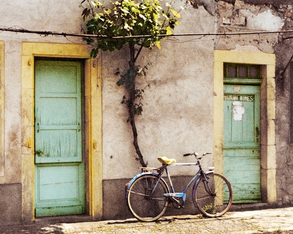 Vintage Bicycle, Old Bike, Photo, Photograph, France, Aqua Yellow Doors, Rustic  8x10