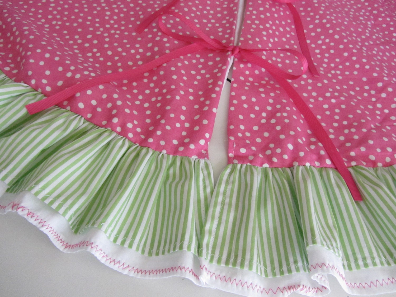 72" HOT PINK polka dots and lime green stripe whimsical Christmas tree skirt with ruffle