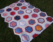 Lap Size Hexagon Quilt in Blue, Red and Gray - Handmade Patchwork Blanket or Fun Bedding