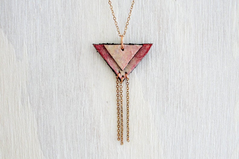 Hand painted leather necklace. Pink triangles. - CottonThread