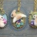 Whimsical needle felted bunny holding a red and pink flowers bouquet pendant necklace, spring & Easter item