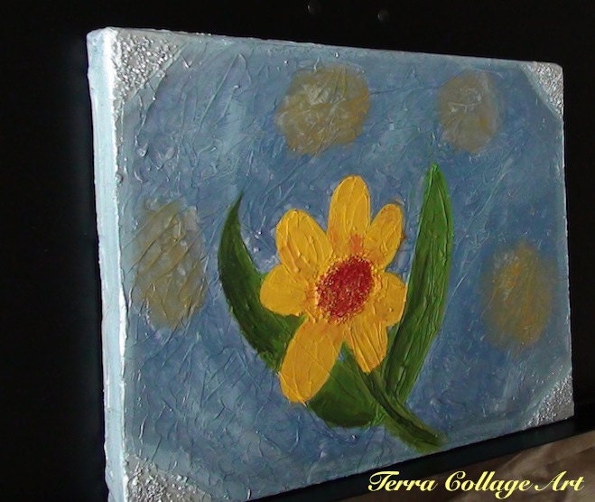 Flower in the Water Original Mixed Media Art. Blue Floral home decor