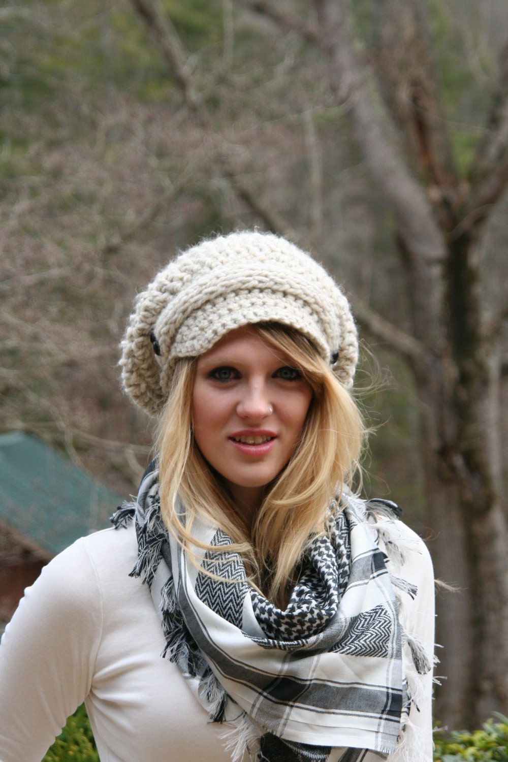 Newsboy Slouchy Hat / The Evreux / Hand Crocheted With Knitted Front Strap and Two Buttons On Each Side Wheat White
