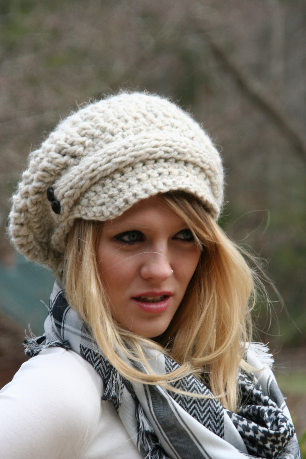 Newsboy Slouchy Hat / The Evreux / Hand Crocheted With Knitted Front Strap and Two Buttons On Each Side Wheat White