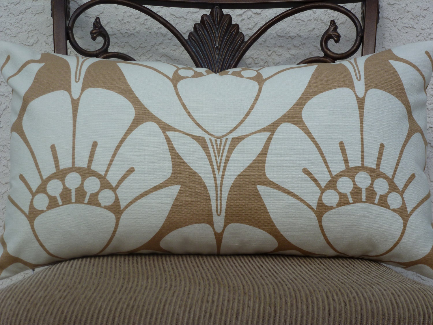 Lumbar Pillow Cover - 14" X 24" - Home Decor Designer Fabric Tan/White - Throw Pillow - Accent Pillow