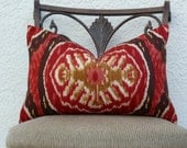 Decorative Lumbar Pillow Cover - Red/Gold/Brown - Accent Pillow SAME Fabric Both Side - Ikat