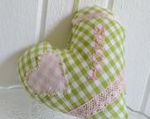 Sweet fabric heart romantic valentine cottage style handmade ready to hang green  pink