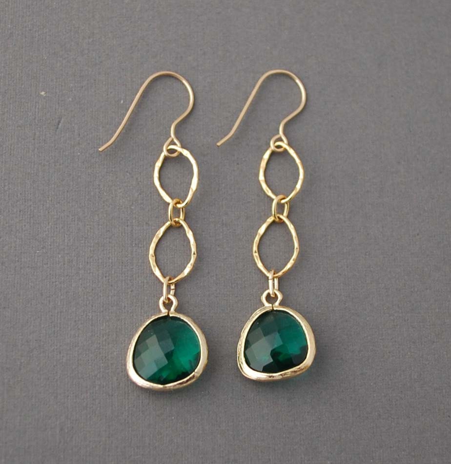 Emerald Green Set Glass Gold Earrings