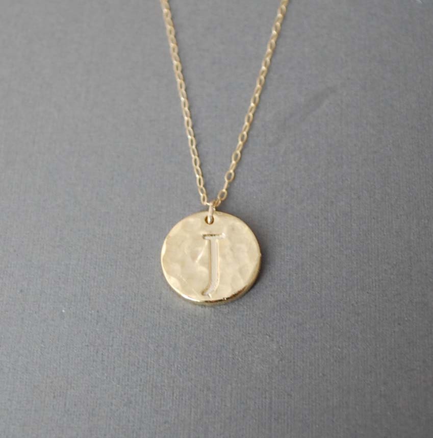 Gold Initial Hammered Disc Necklace